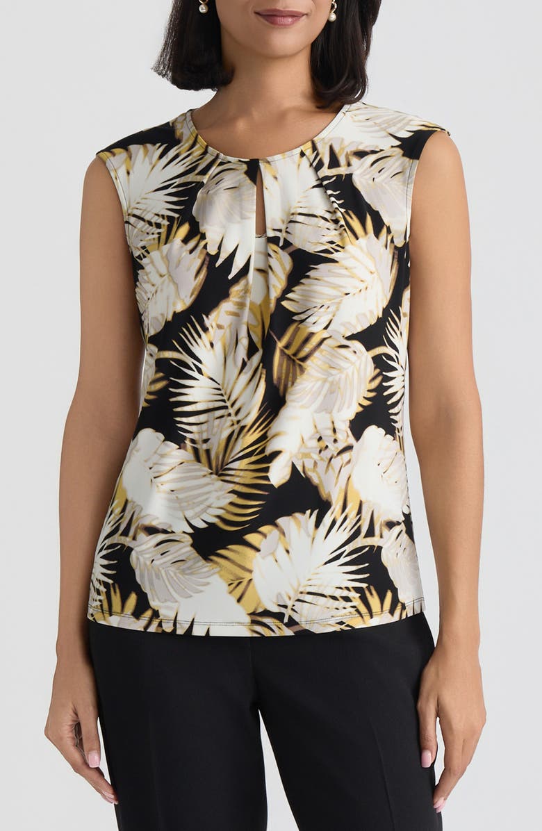 KASPER Palm Print Keyhole Sleeveless Top, Main, color, Black Multi