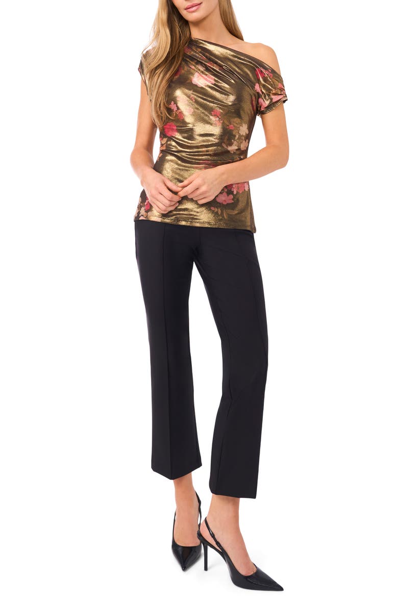 Elyse Metallic Floral One-Shoulder Top, Alternate, color, RED DAHLIA