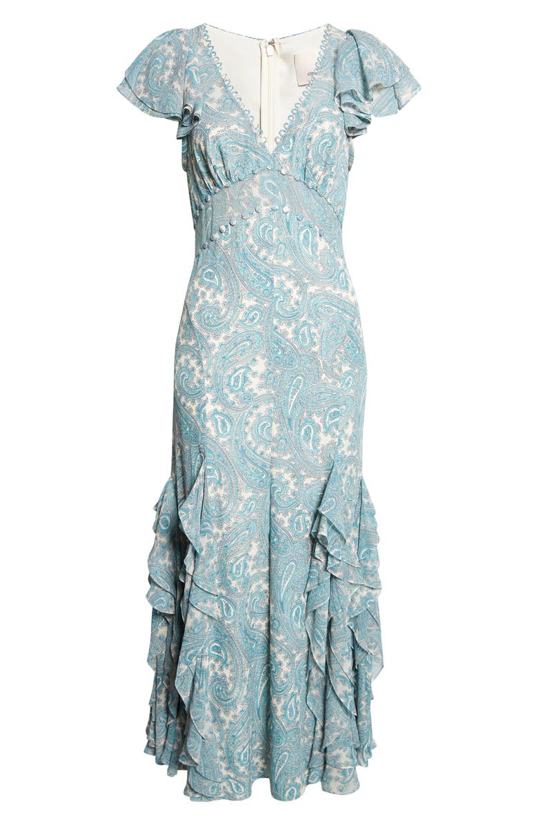 Cinq à Sept Joplin Hendrix Paisley Ruffle Detail Dress, Alternate, color, Gardenia/ Blue Graphite