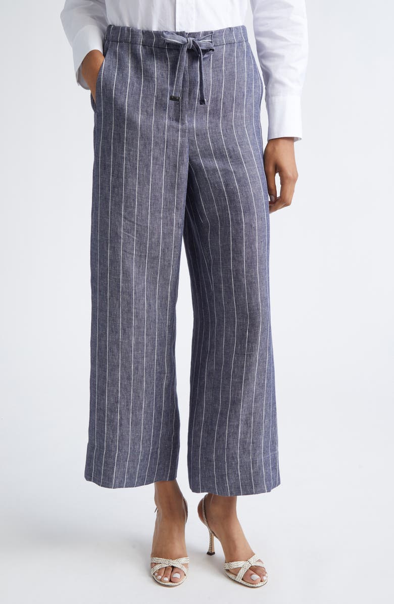 Max Mara Cresta Pinstripe Linen Twill Wide Leg Crop Pants, Main, color, Ultramarine