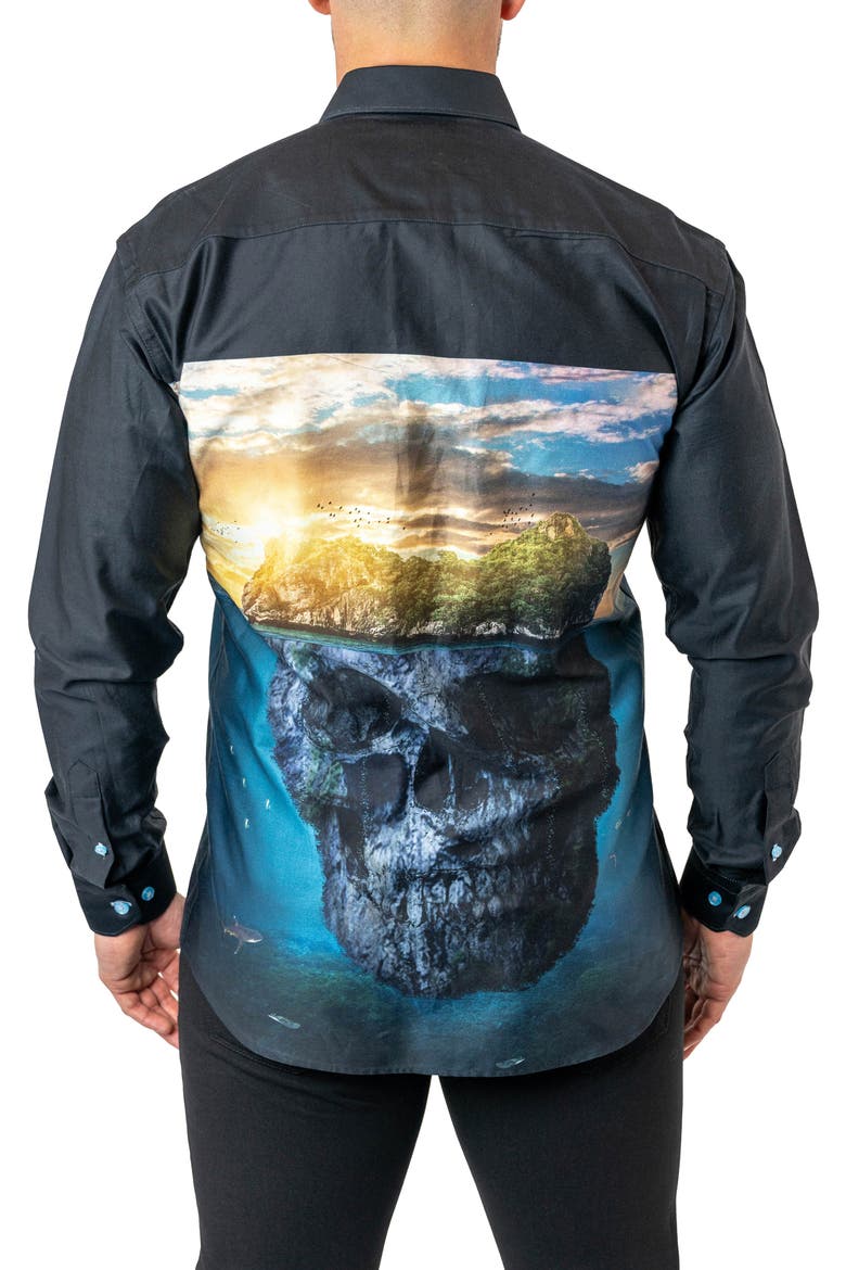 Fibonacci Skull Island Cotton Button-Up Shirt, Alternate, color, BLACK