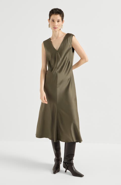 Satin cady flared dress with monili