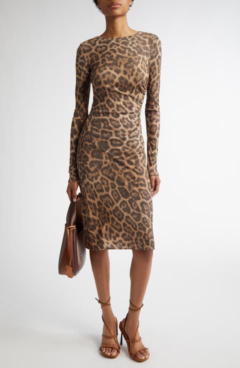 Leopard Print Long Sleeve Mesh Dress