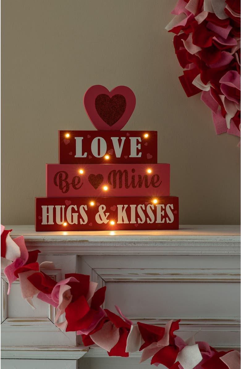 Glitzhome 11.25"H Lighted Valentine's Wooden Block Table Sign, Alternate, color, Red