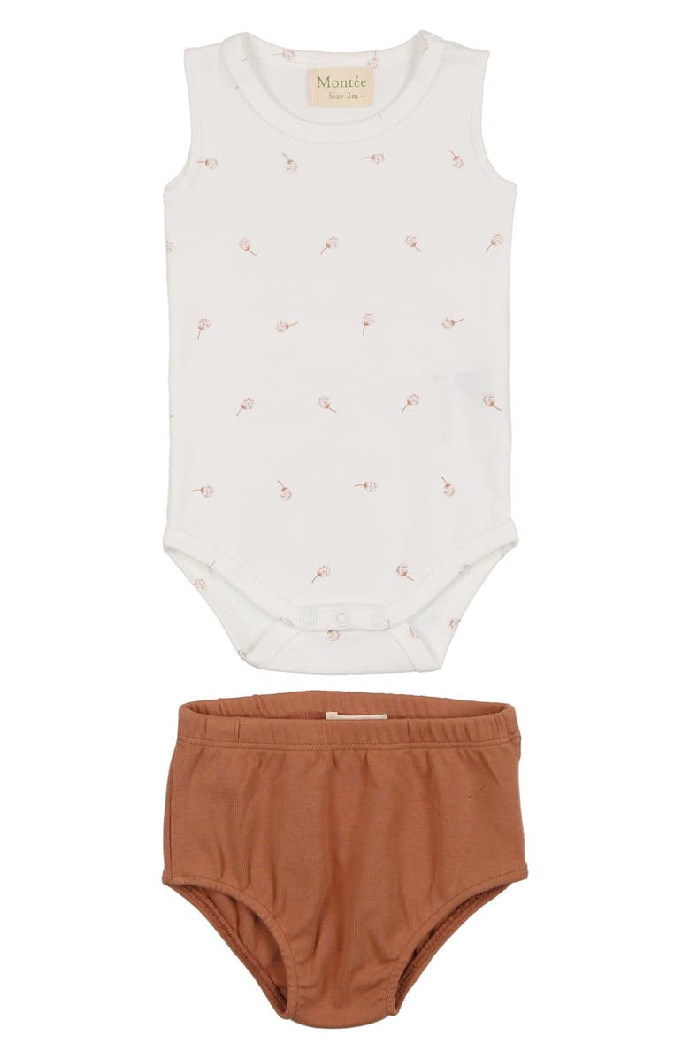 Manière Print Bodysuit & Bloomers Set, Main, color, Camel