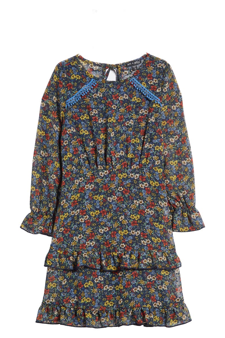 Kids' Floral Long Sleeve Tiered Dress, Main, color, BLUE MULTI