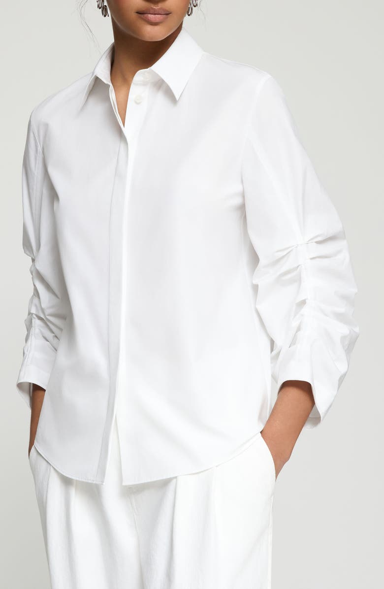 Lafayette 148 New York Ruched Sleeve Cotton Poplin Button-Up Shirt, Main, color, White