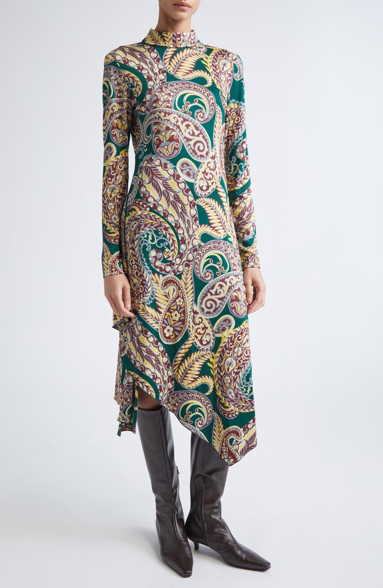 Etro Paisley Long Sleeve Open Back Midi Dress, Main, color, Stampa Fondo Verde