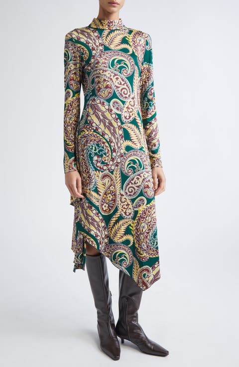 Paisley Long Sleeve Open Back Midi Dress