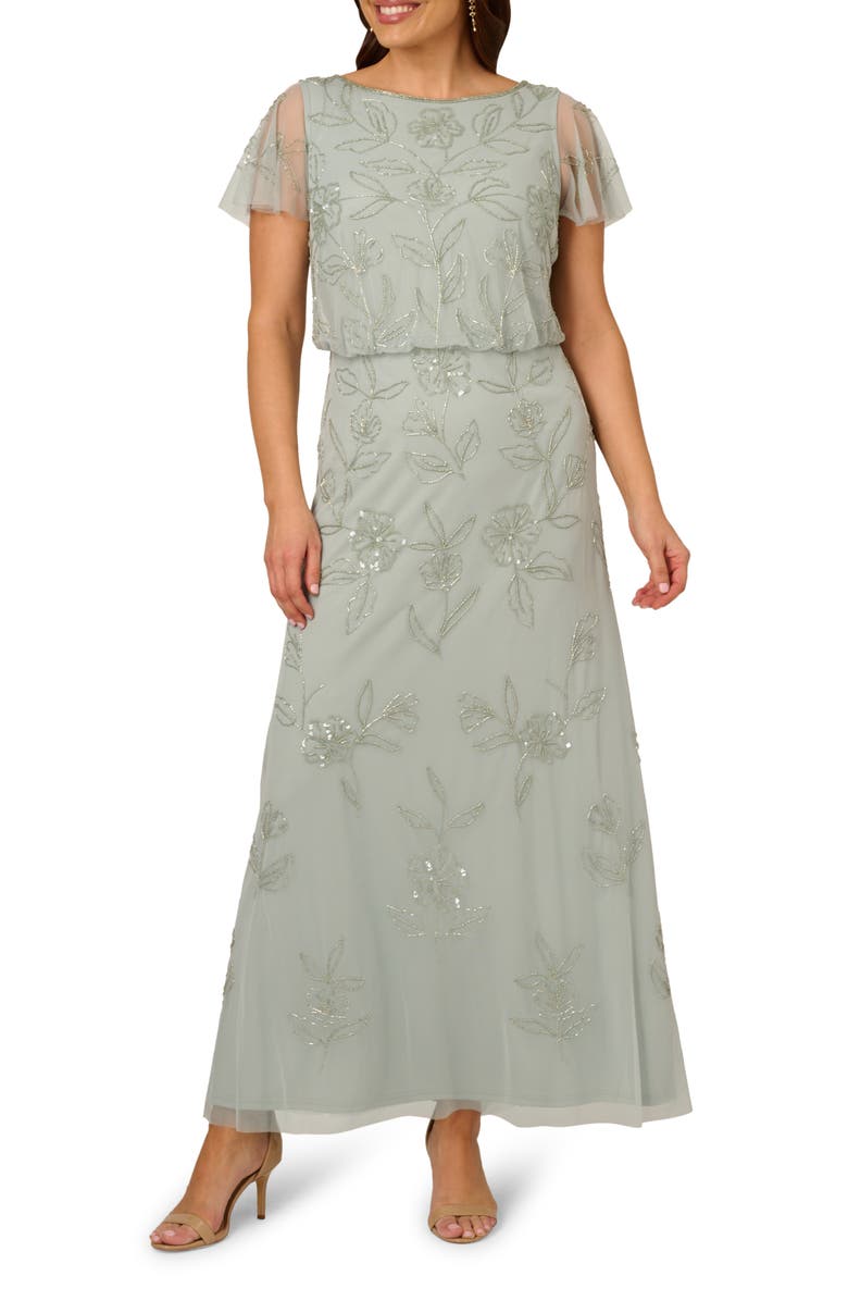 Adrianna Papell Beaded Floral Blouson Gown, Main, color, 