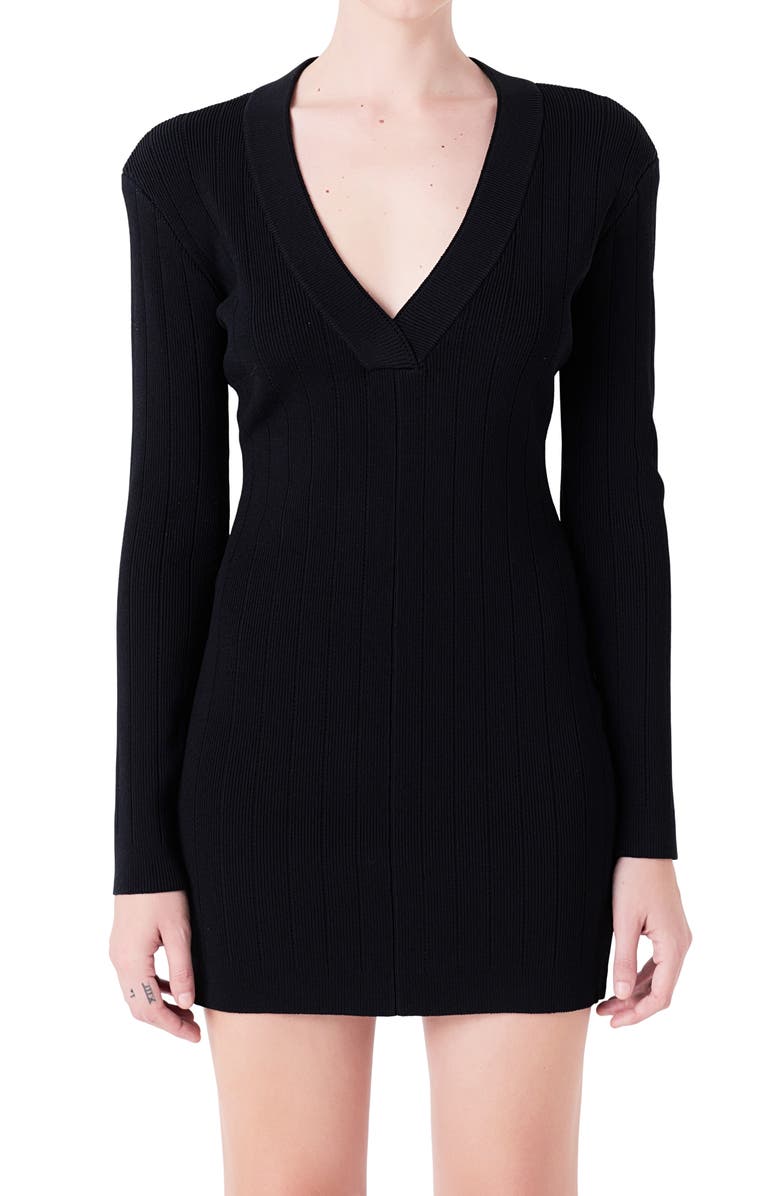 Grey Lab Power Shoulder Long Sleeve Knit Minidress, Alternate, color, Black