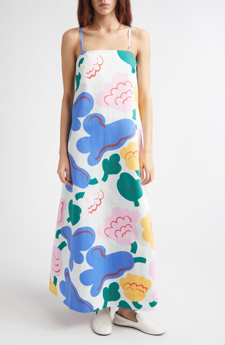 Marimekko Huvittaa Kukasta Kukkaan Floral Cotton & Linen Maxi Dress, Main, color, Light Green/ Green/ Blue