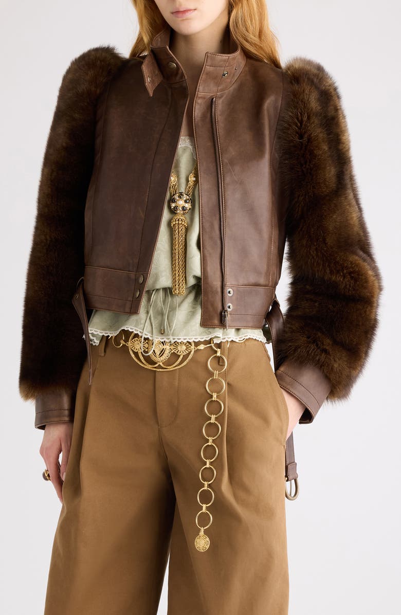 Chloé Leather & Genuine Shearling Moto Jacket, Main, color, Bourbon Brown