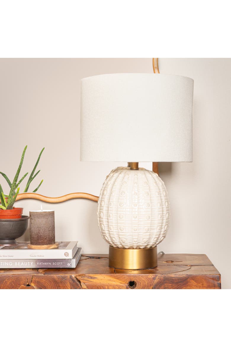 Stoneware Globe Table Lamp with Cream Crackle Glaze and Natural Linen Shade, Alternate, color, Ivory