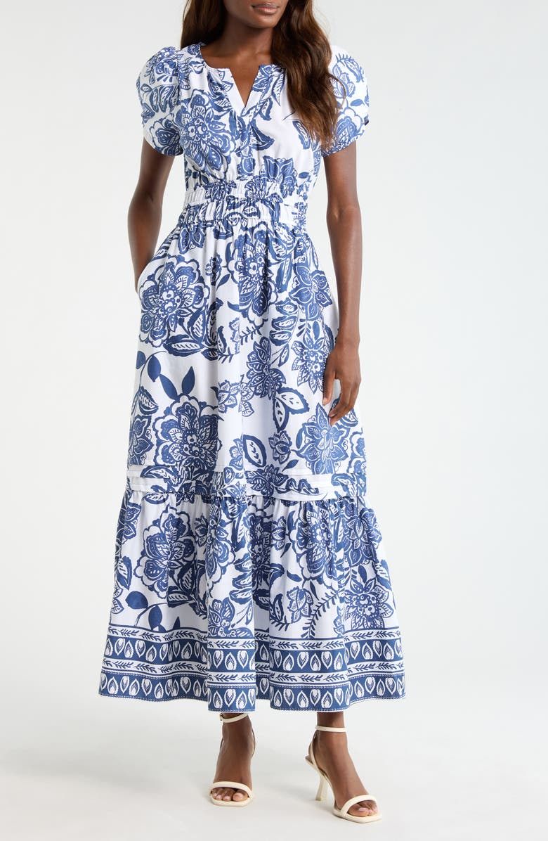 CeCe Floral Smocked Waist Maxi Dress, Main, color, Classic Navy