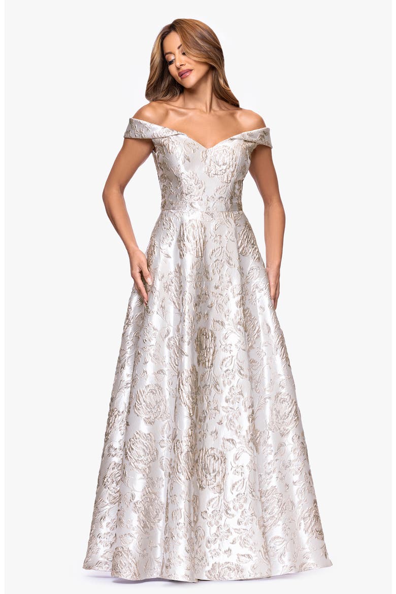 Floral Brocade Off the Shoulder Ball Gown, Alternate, color, TAUPE/ SILVER
