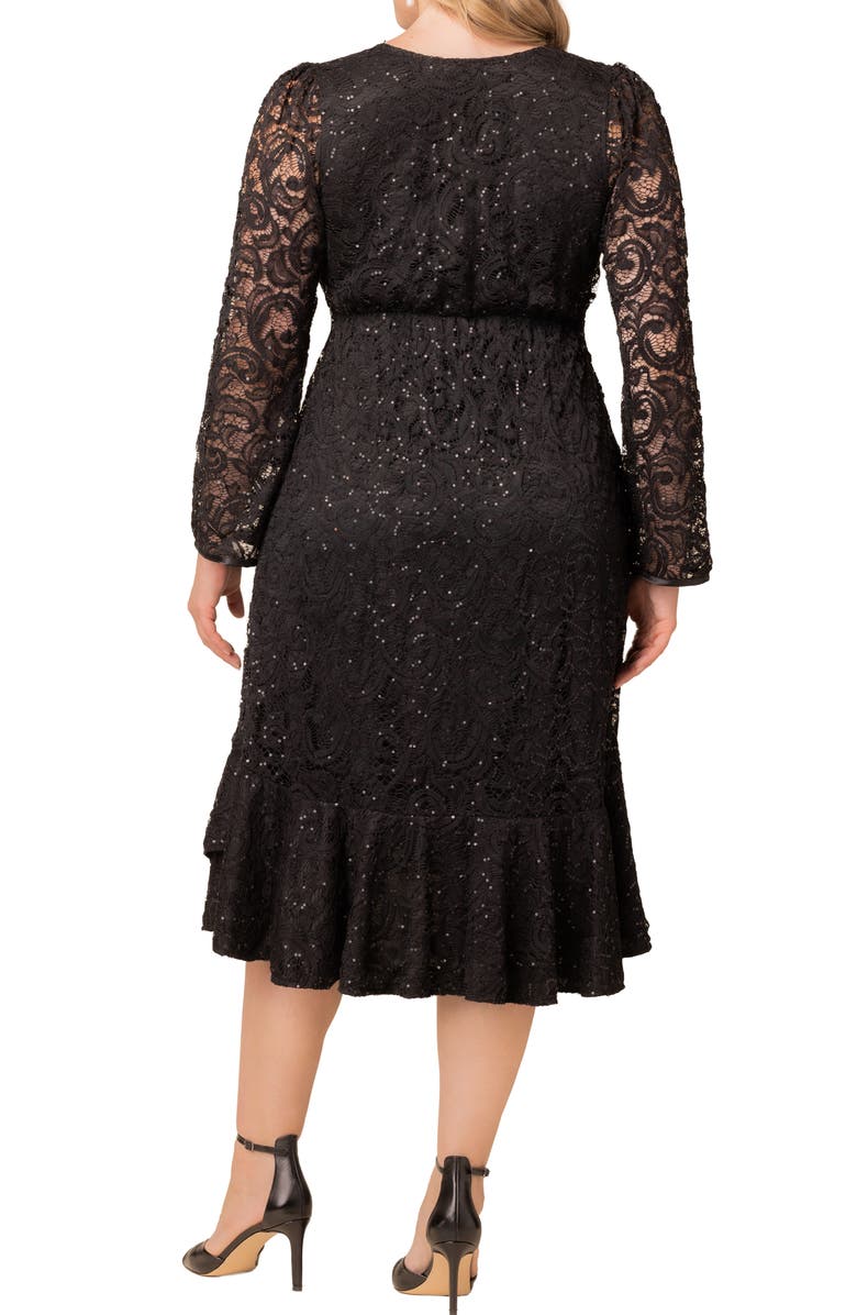 Kiyonna Cosmopolitan Sequin Lace Long Sleeve Cocktail Dress, Alternate, color, Onyx