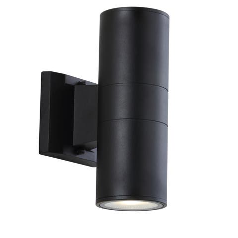 Duo 2-Light Modern Midcentury Cylinder Outdoor Metal/Glass Integrated LED Sconce with Uplight