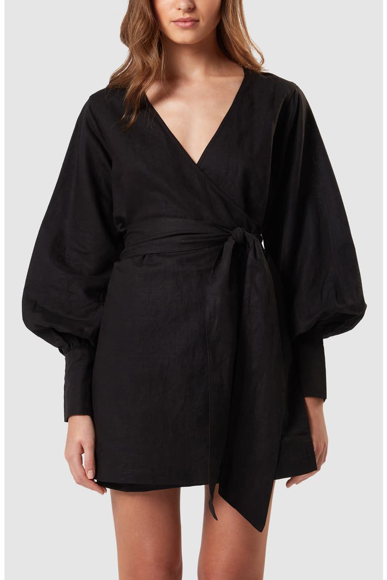 Bella Long Sleeve Wrap Minidress, Alternate, color, BLACK