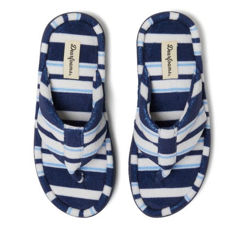 Shop Dearfoams Wrenley Terry Thong Flip Flop Slipper In Stripes Blue-white