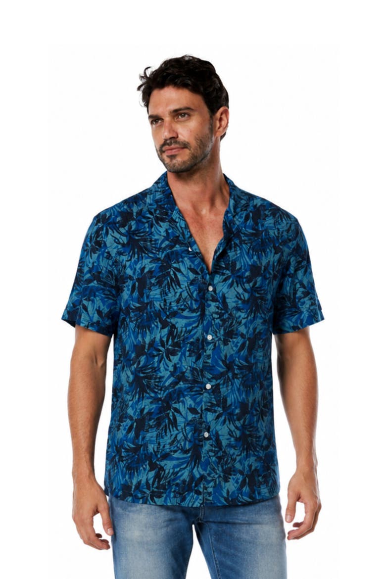 Tropical Print Button-Down Hawaiian Camp Shirt, Main, color, Blue bush