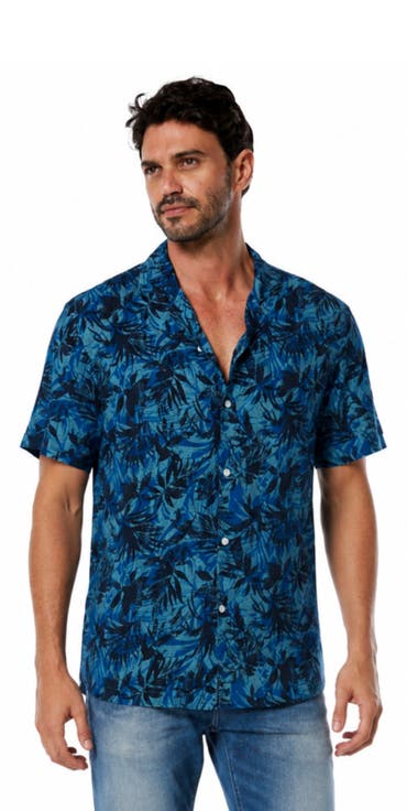 Tropical Print Button-Down Hawaiian Camp Shirt