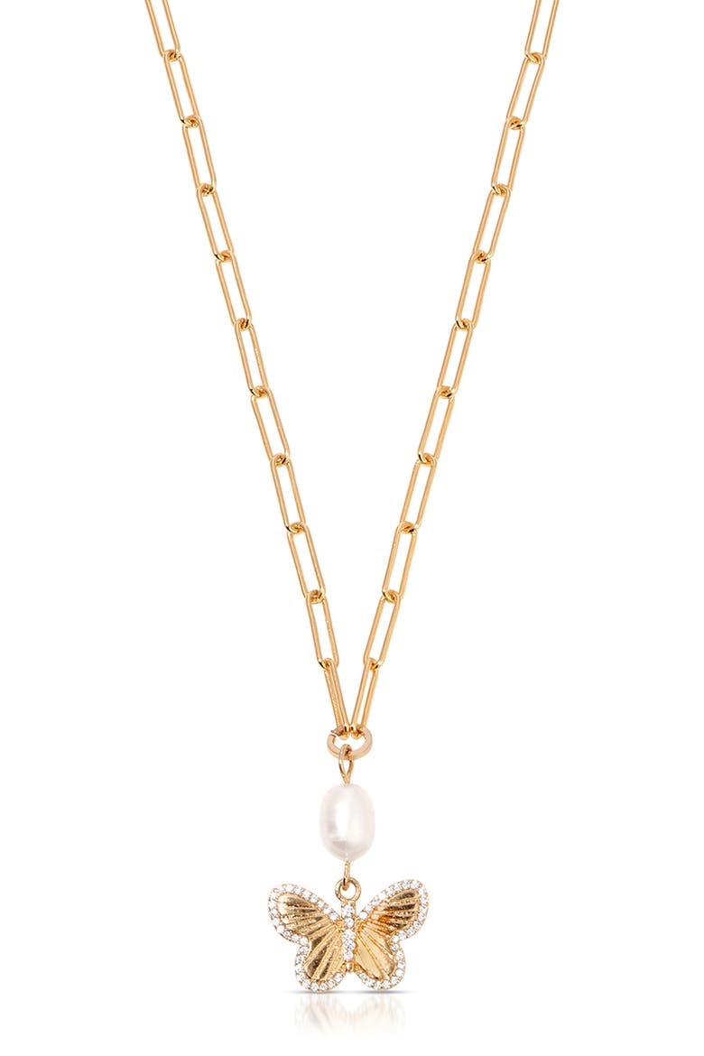 Butterlfy & Freshwater Pearl Pendant Necklace, Main, color, GOLD