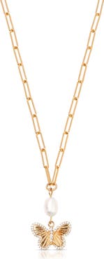 Ettika Butterlfy & Freshwater Pearl Pendant Necklace