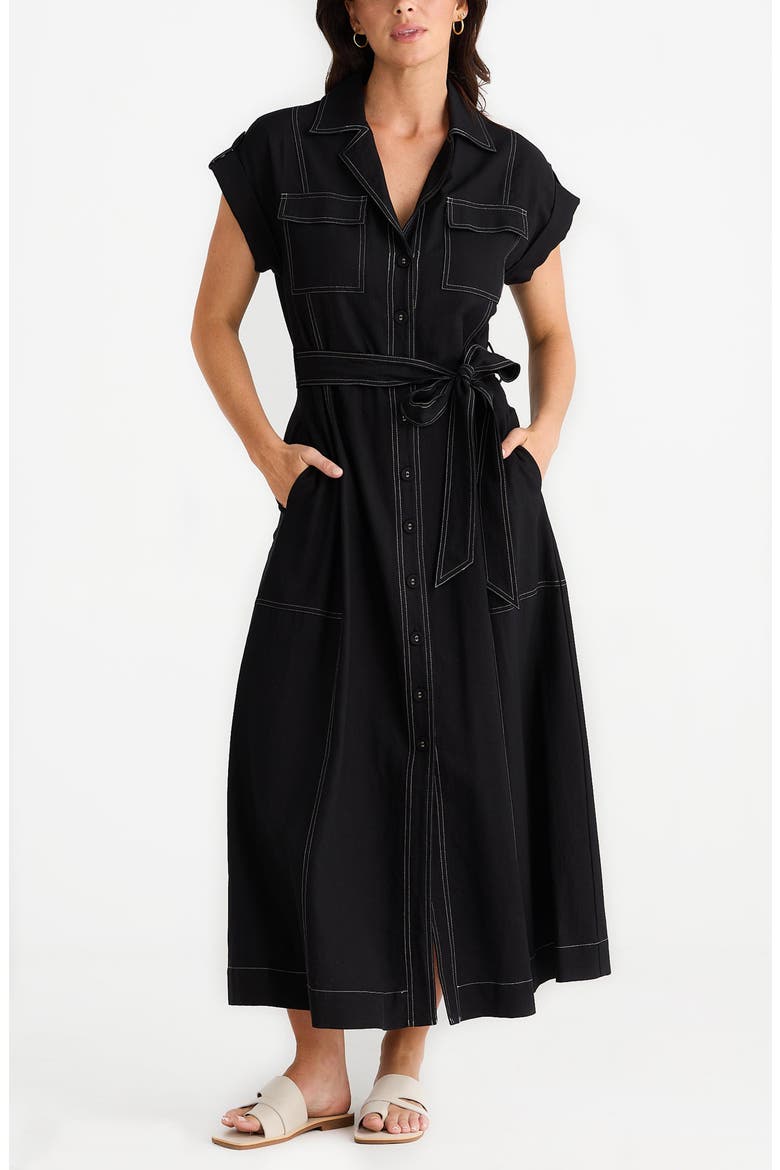 Portia Cotton & Linen Blend Maxi Shirtress, Alternate, color, BLACK