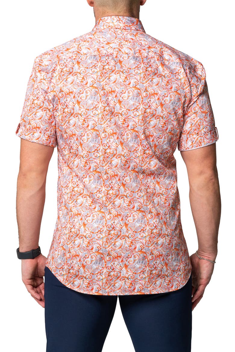 Galileo Geometric Short Sleeve Cotton Button-Up Shirt, Alternate, color, ORANGE