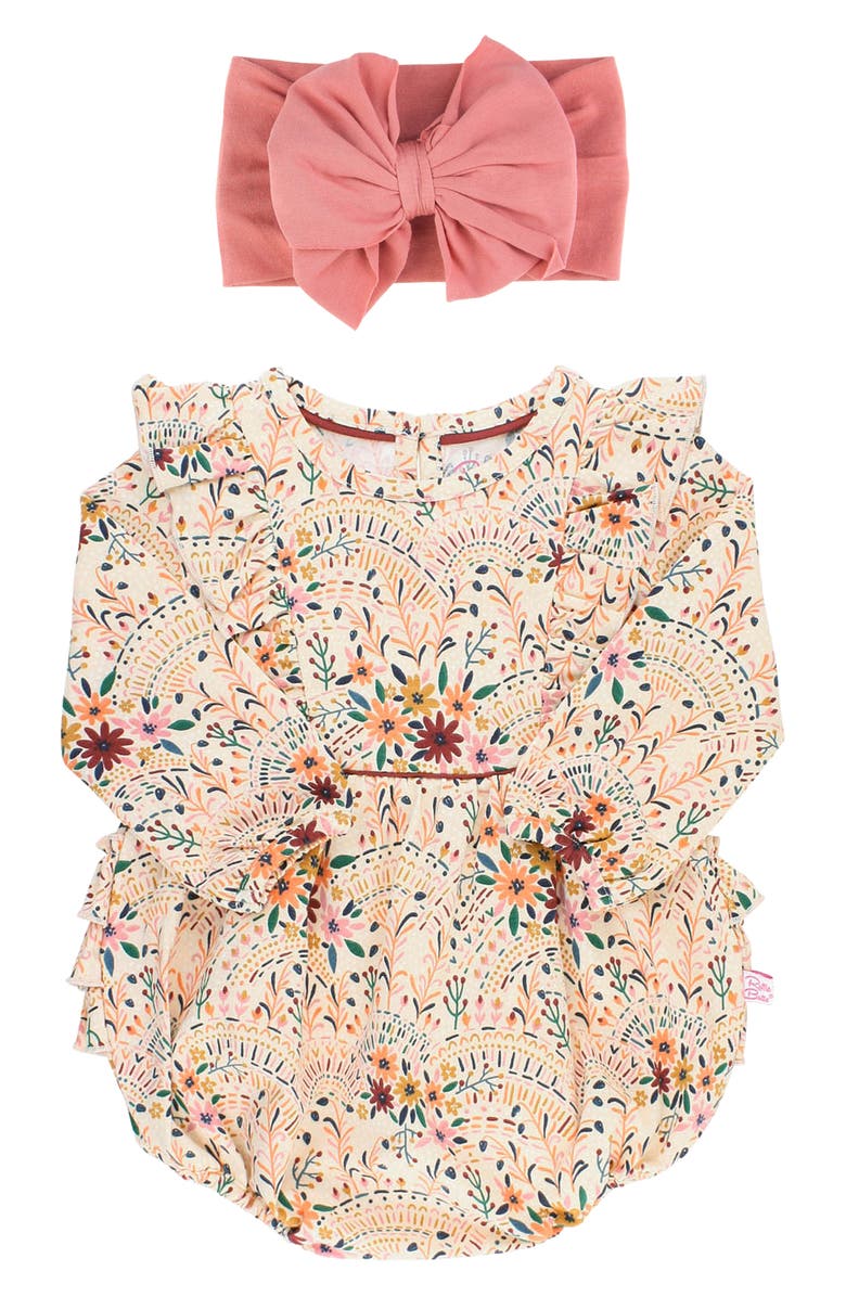 RuffleButts Lace Is More Bubble Romper & Headband Set, Main, color,