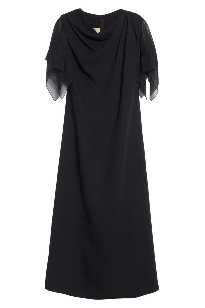 Draped Silk Cady Couture & Chiffon Midi Dress, Alternate, color, BLACK