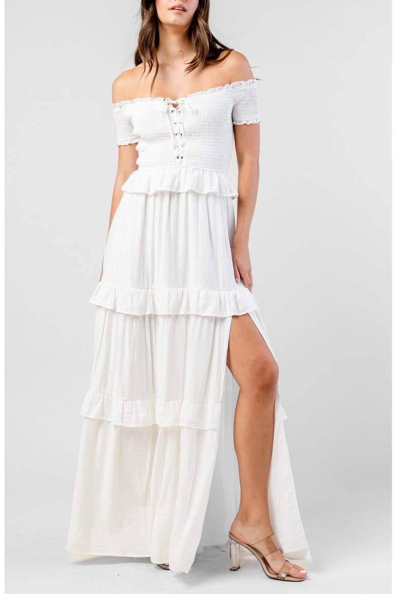 Off the Shoulder Short Sleeve Tiered Maxi Dress, Alternate, color, WHITE