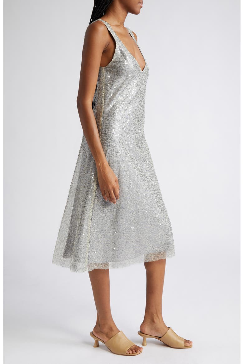 Plunge Neck Sequin Silk Midi Slipdress, Alternate, color, SEA SLATE