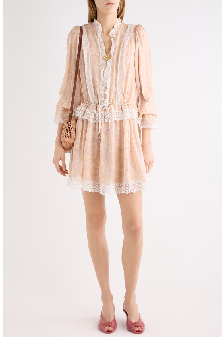 Floral Long Sleeve Silk Charmeuse & Lace Minidress, Main, color, MULTICOLOR PINK 1