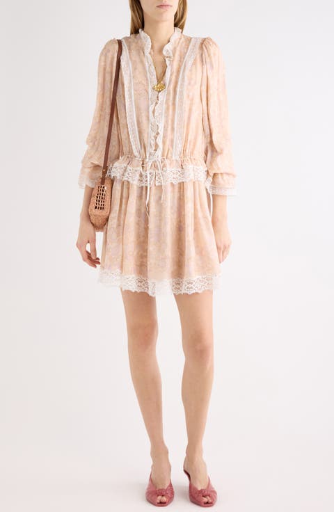 Floral Long Sleeve Silk Charmeuse & Lace Minidress