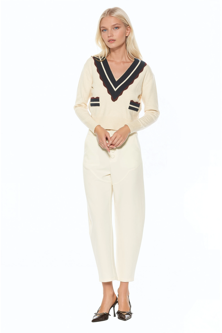 Arden Deep V Contrast Trim Cardigan, Alternate, color, Ivory