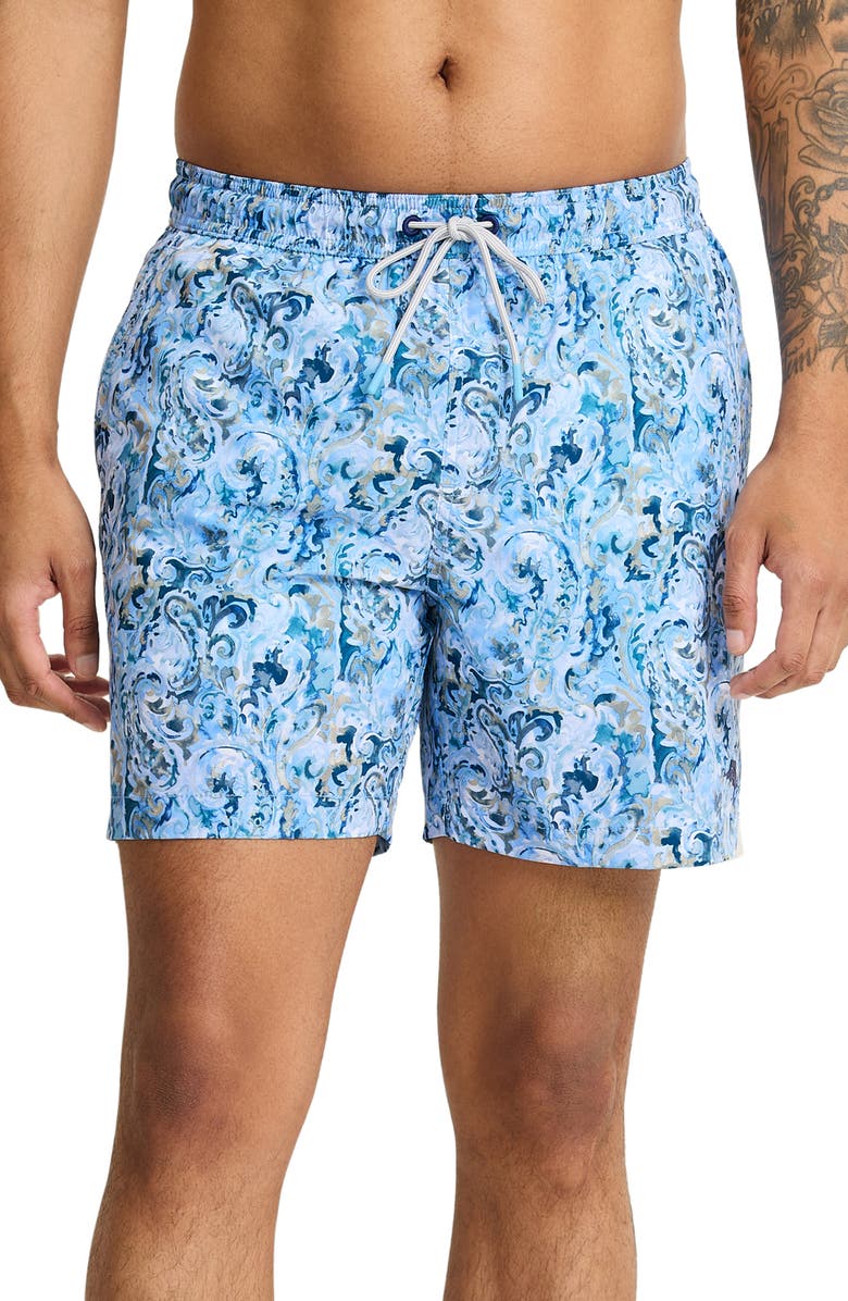 Tommy Bahama Naples Tidal Echoes 6-Inch Performance Swim Trunks, Main, color, Clear Sky Blue