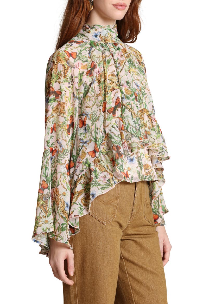 Mixed Print Tie Neck Long Sleeve Top, Alternate, color, PINK CHEETAH SCARF