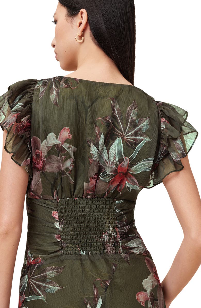 AllSaints Brea Orchid Print Asymmetric Dress, Alternate, color, Adena Khaki Green