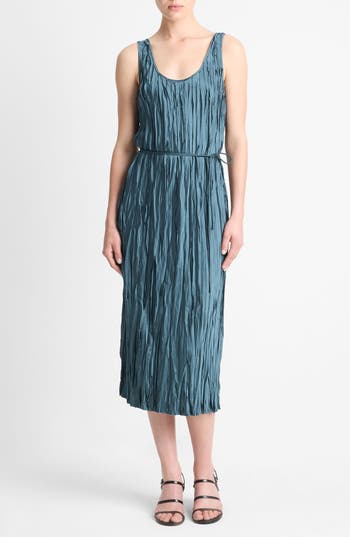 Vince Crushed Bias Stripe Sleeveless Midi Tank Dress
