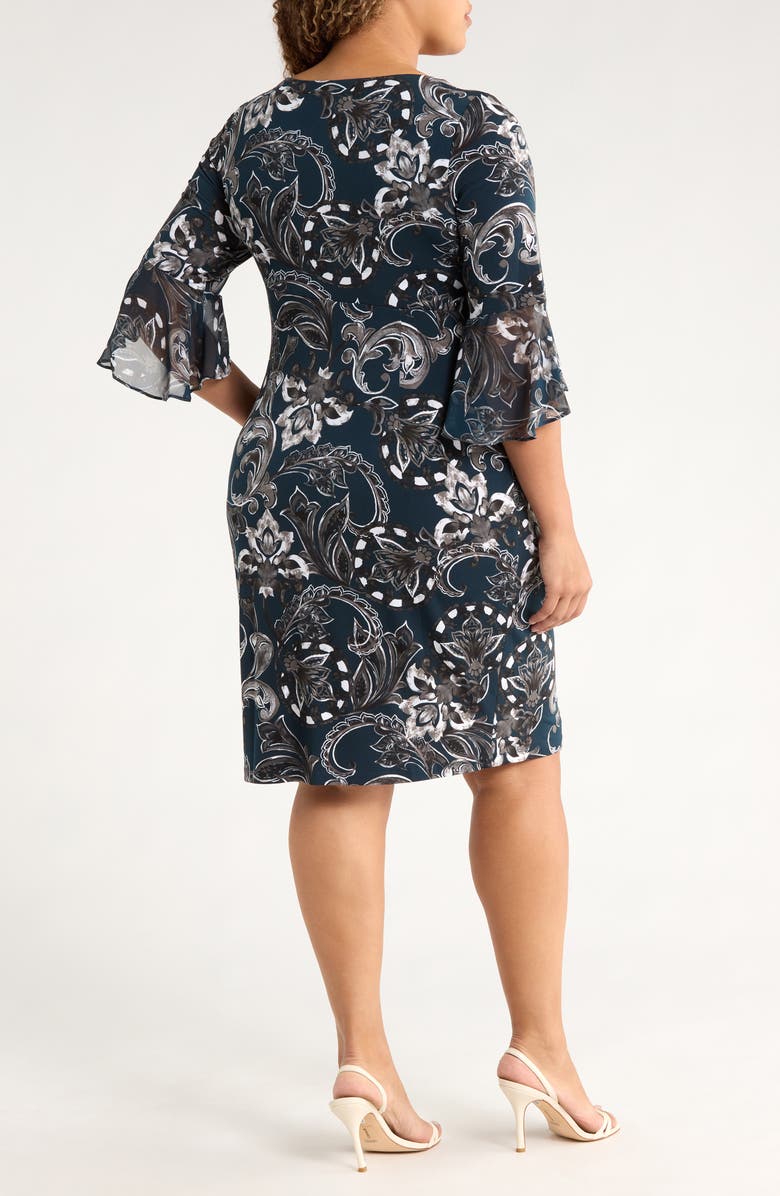 Connected Apparel Bell Sleeve Faux Wrap Dress, Alternate, color, Dark Mallard