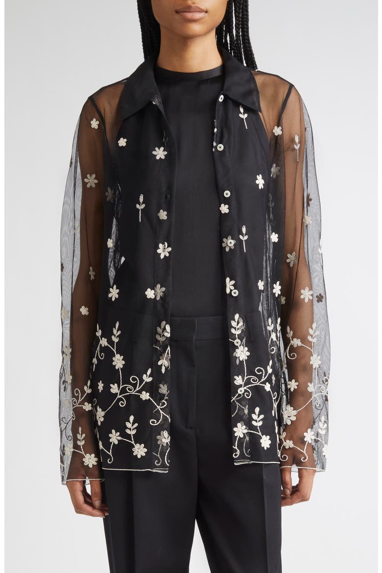 Floral Embroidered Tulle Shirt, Main, color, BLACK/ WHITE