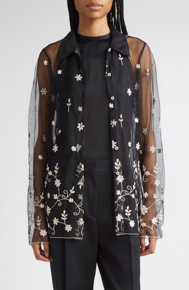 TOTEME Floral Embroidered Tulle Shirt, Main, color, Black/ White