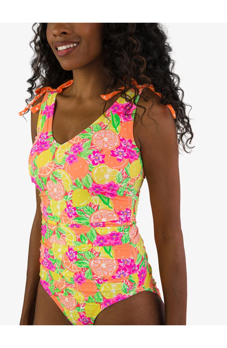 RuffleButts UPF50+ Women's Bow V-Neck One Piece Swimsuit, Alternate, color, Neon Squeeze The Day