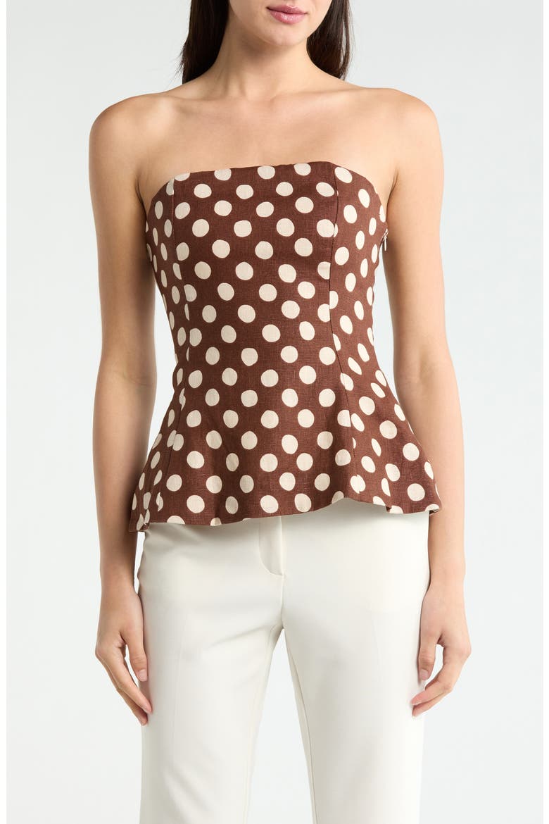 Petro Polka Dot Strapless Linen Peplum Top, Main, color, CIOCCOLATO DOT
