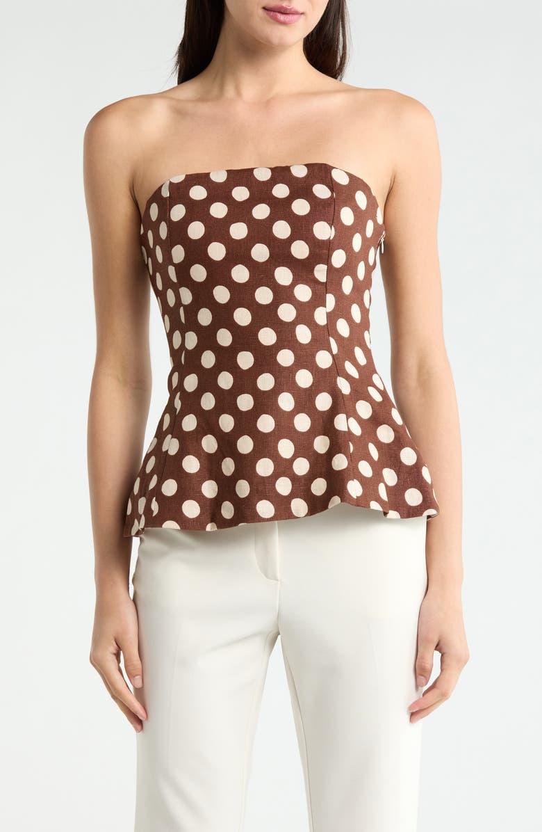 Faithfull the Brand Petro Polka Dot Strapless Linen Peplum Top, Main, color, Cioccolato Dot
