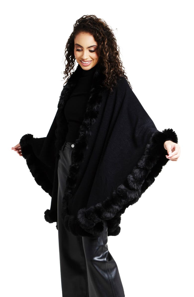 SAACHI Faux Fur Trim Cape, Alternate, color, Black