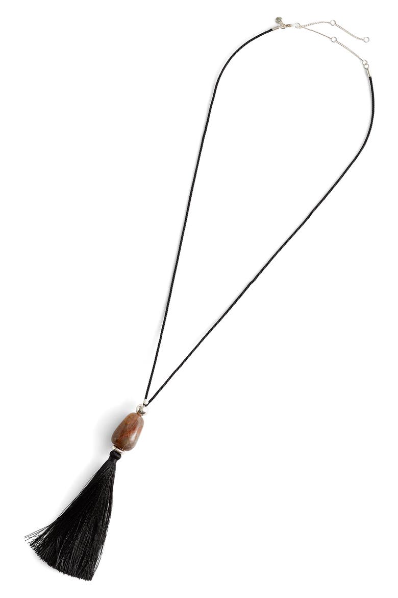 Semiprecious Stone Tassel Long Necklace, Main, color, TRUE BLACK