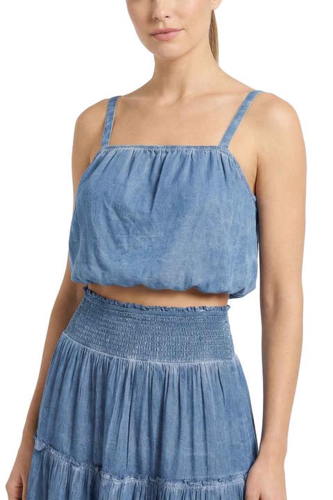 Dani Stonewash Denim-Look Bubble Crop Top